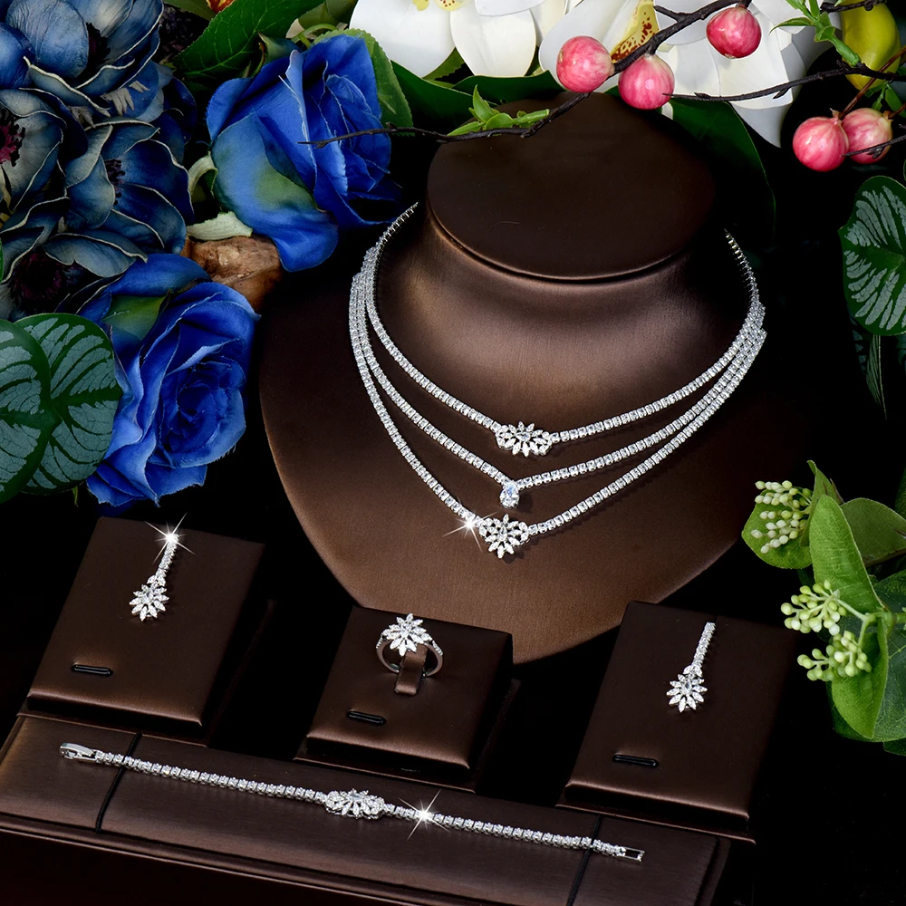 HIBRIDE Dazzling Glamour 3-Layer Necklace Earrings Bracelet 4-Piece Women's Jewelry Set for Dubai Wedding Ball Dress Gift S-971
