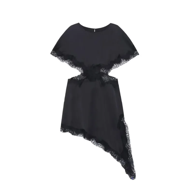 Damska ażurowa sukienka mini z koronką, nieregularny krój, nowa kolekcja 2026, seksowny, odkryty krój, koronkowe wstawki, elegancka sukienka na imprezę.