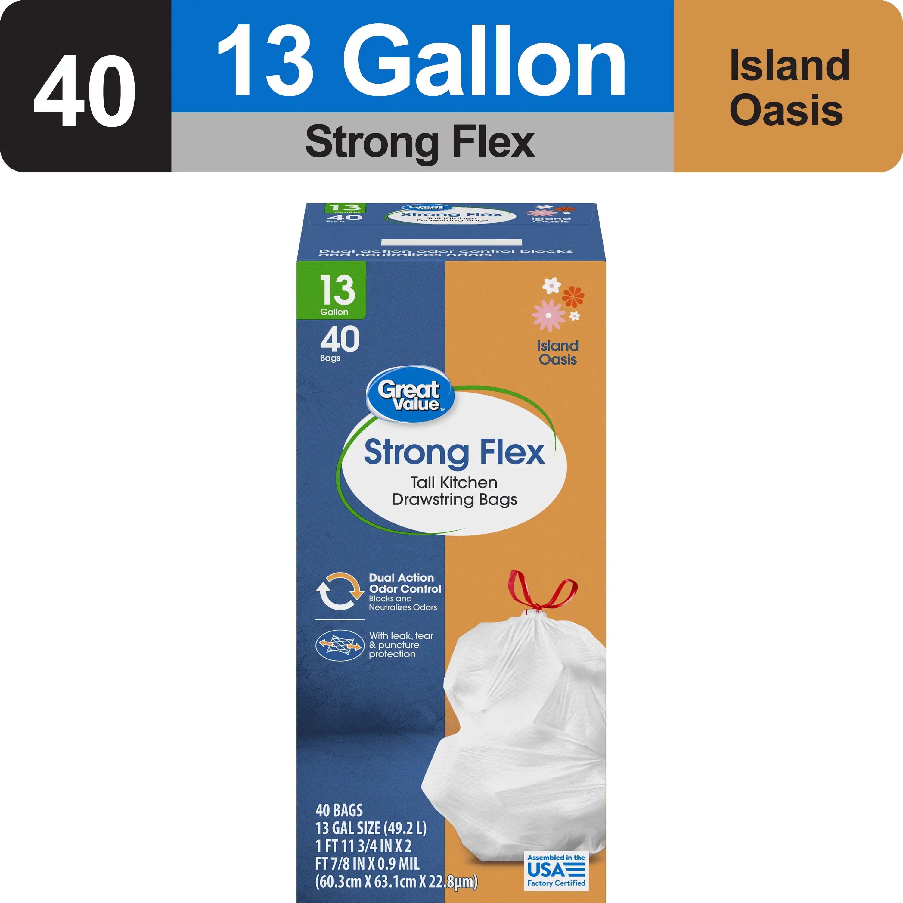 Strong Flex 13-Gallon Drawstring Tall Kitchen Trash Bags, Island Oasis, 40 Count