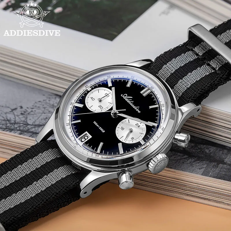 ADDIESDIVE Deluxe Men Chronograph Watch Bubble Mirror Glass 316L Stainless Steel BGW9 Luminous 100m Diving VK64 Quartz Watch