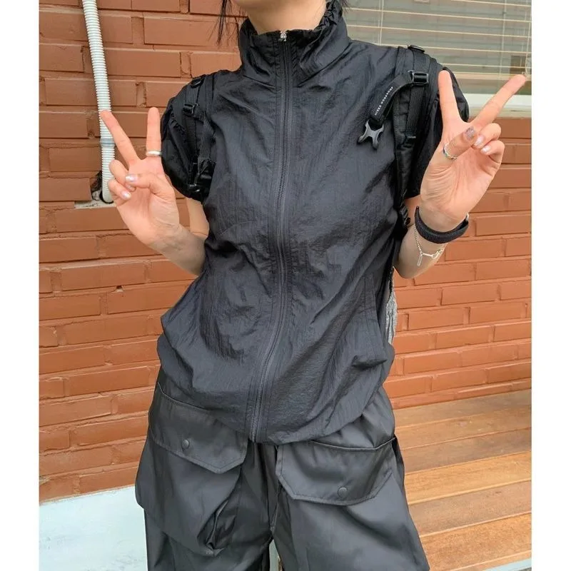 Deeptown Vintage Outdoor Crop Jacket Women Japanese 2000s Style Y2k Spring Summer Short Sleeve Jackets Korean Fashion Aesthetic