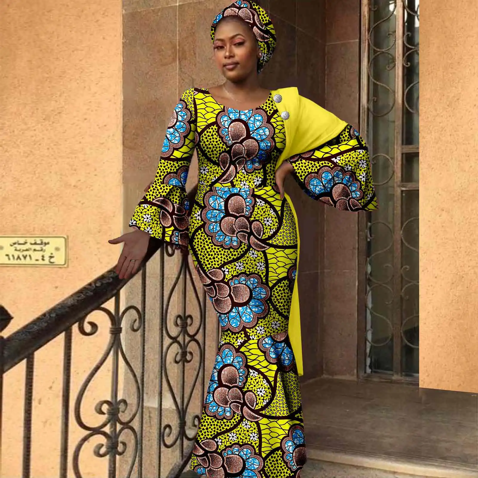 African Women Dresses Dashiki Ankara Print Slim Long Dress with Headwrap Bazin Riche Ladies Outftis Party Vestidos Y2225023
