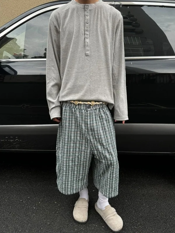 

Летние свободные брюки синего цвета в клетку в стиле ретро, прямые брюки трапециевидной формы на семью футах, тонкие орты, повседневные молодежные брюки для активного отдыха