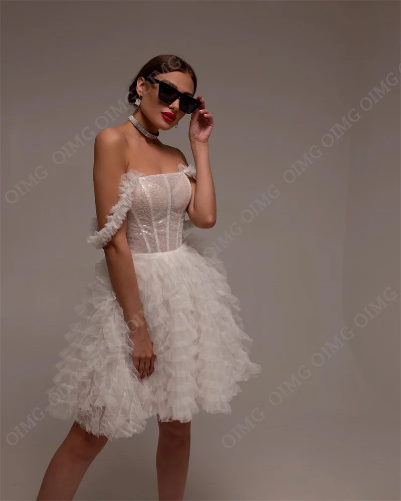 OIMG abiti da sposa in Tulle con spalle scoperte a strati paillettes lucide Mini fata principessa sposa abiti da sposa abito da ballo per feste