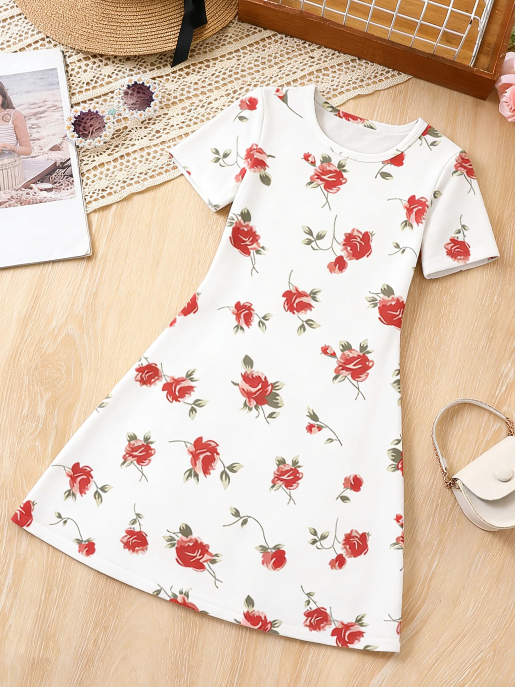 فستان بناتي بأكمام قصيرة بخلفية بيضاء لعام 2026 باللون الأحمر والوردي والأخضر