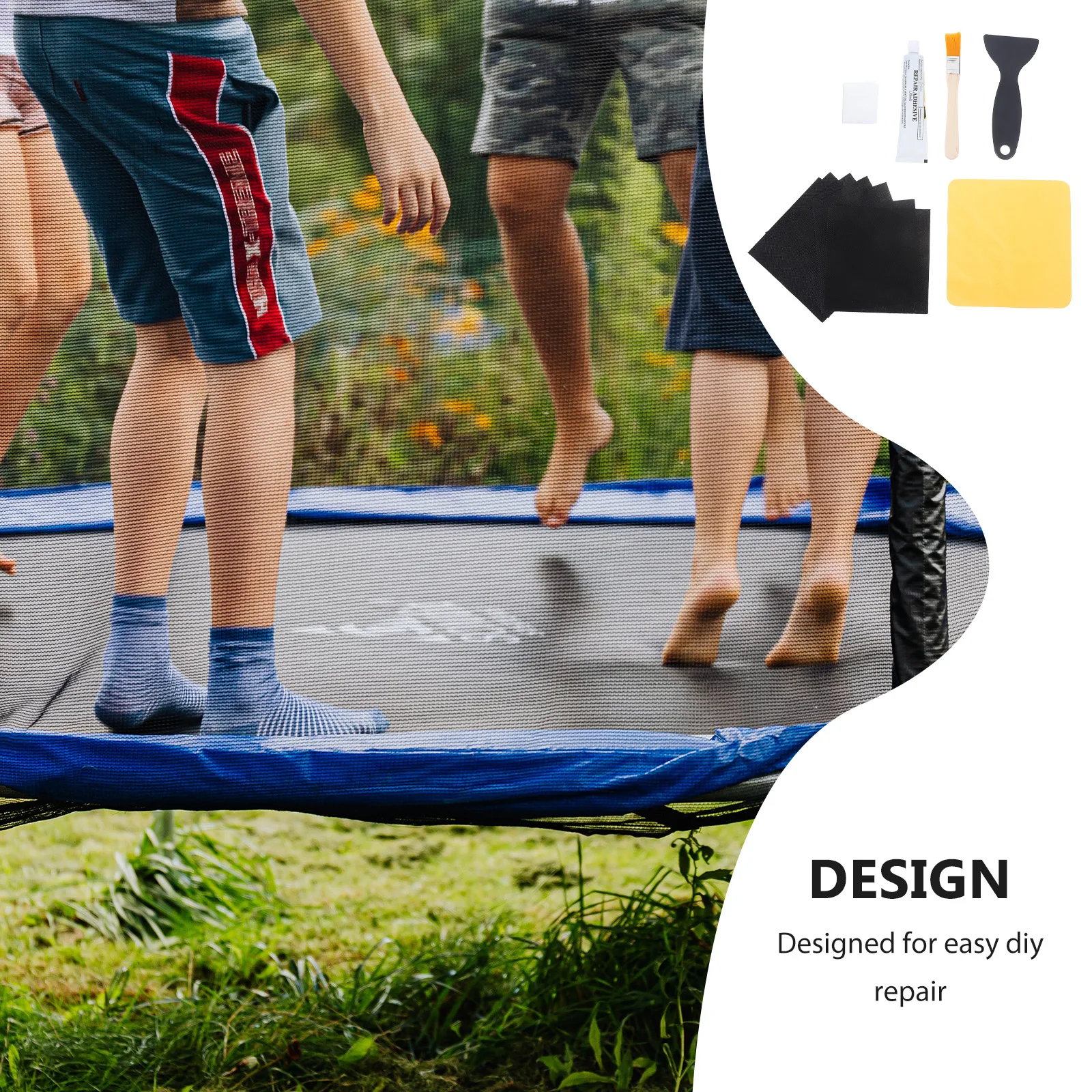 

Trampoline Patch Repair Kit 19 Pcs Non Woven Fabric Tools Jumping Mat Fixing Air Leakage Square Patches Scraper Glue