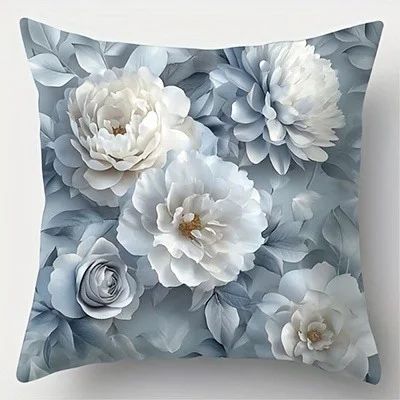 Short plush material pillowcaseFloral Pillowcase: White & Gray Blooms ,Sofa bedroom cushion cover, single-sided printing, withou