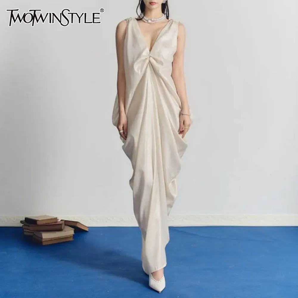 

TWOTWINSTYLE однотонные свободные модные платья миди нестандартной формы для женщин с v-образным вырезом без рукавов в стиле пэчворк с галстуком элегантное платье женская одежда