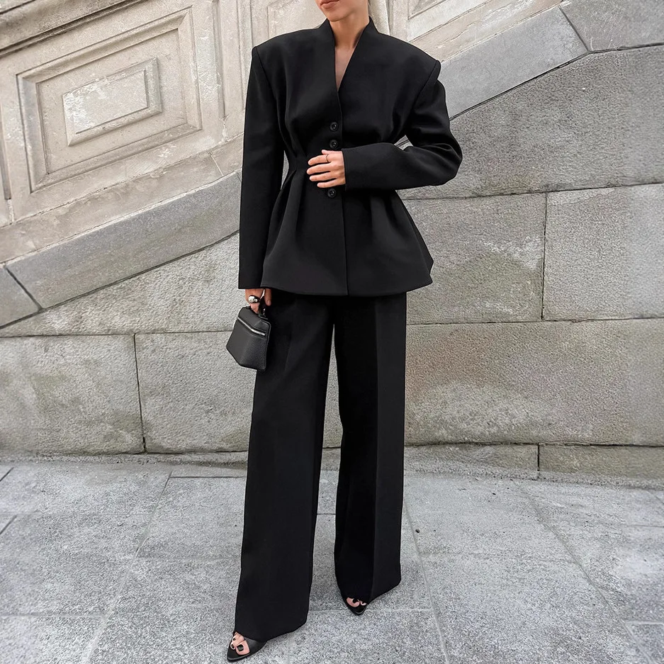 

Office Lady 2 Piece Set Solid Blazer High Waist Wide Leg Pants Matching Set 2025 Fall Winter Workout Outfits Elegant Blazer Sets