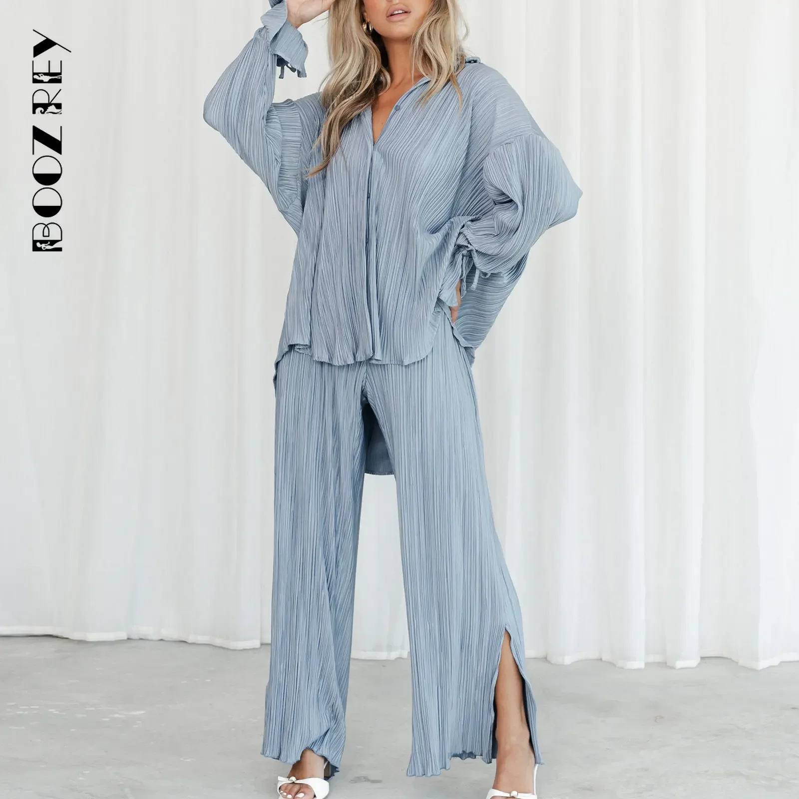 

BoozRey Women's Suits Pleated Shirts Long-sleeved Lapel Cardigan Slit Trousers Pajamas Two-piece Set Causal Elegant Women Set