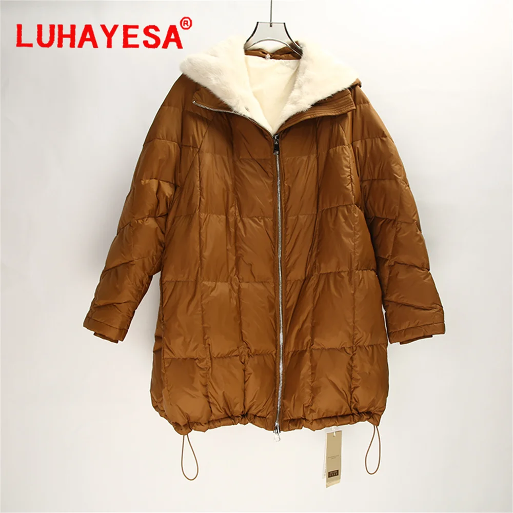 2024 Women Hooded Down Real Mink Lined Hood Long Winter Warm Goose Down Clothing