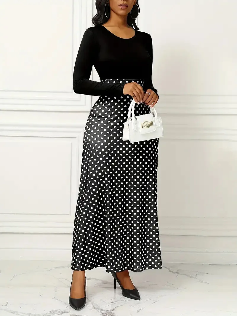 All-season Comfort Polka Dot Maxi Dress - High Waist Elegance, Fit & Flare Style, Durable Knit