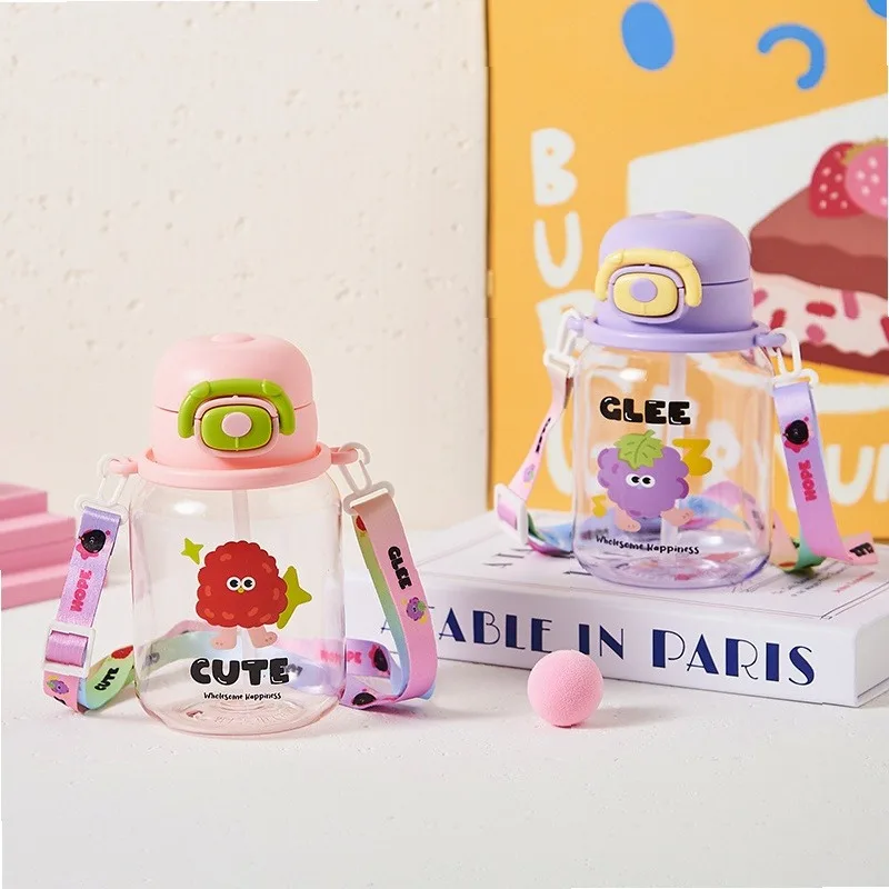 High looks Summer Kids Cute Cartoon Water Bottle Student Outdoor motion Sling Straw Cup office Portable Pop-Up Lid Space Cup