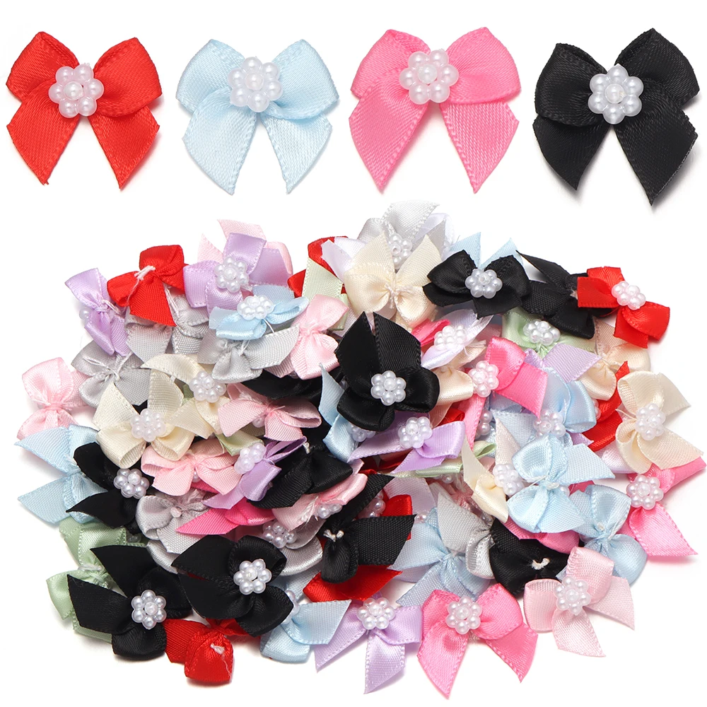 20pcs Pearl Satin Ribbon Bows Colored Polyester Bowknots For DIY Wedding Party Decor Hairpin Gift Packaging Hair Accessories