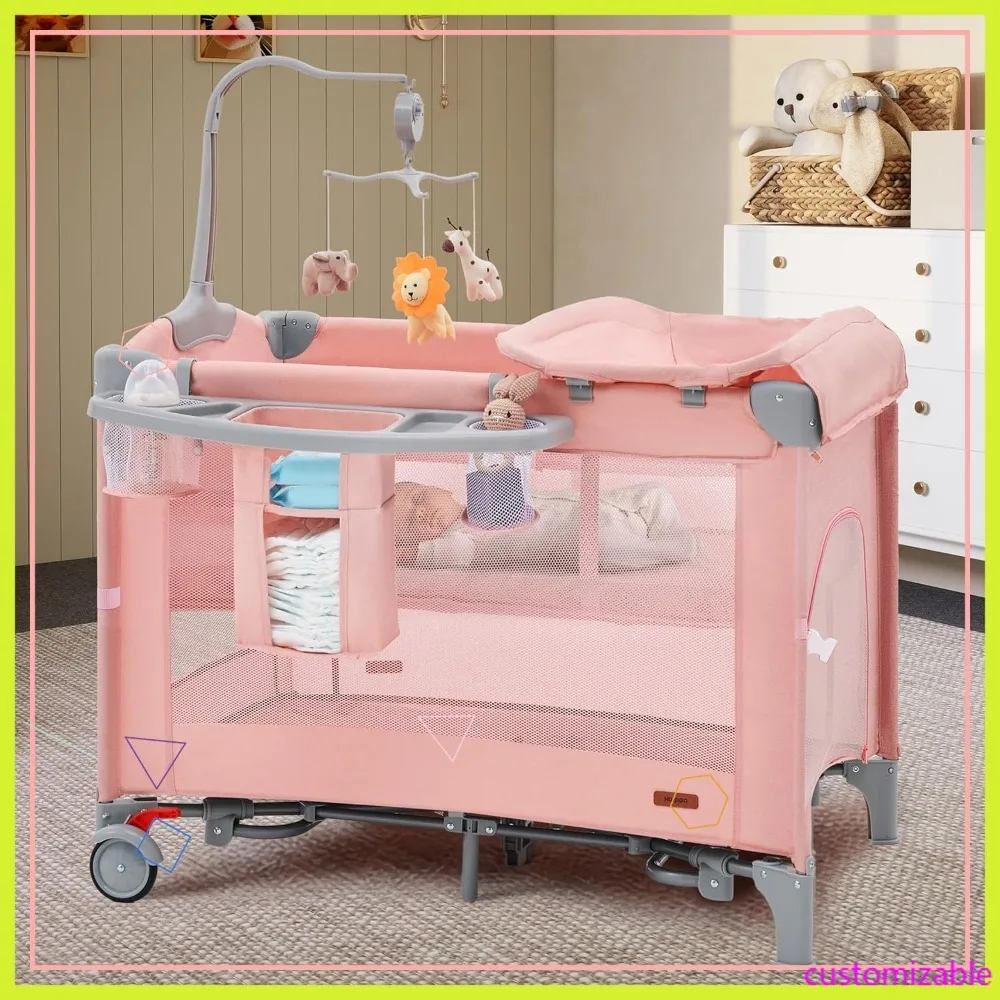 Corralito Portátil 6 en 1 para Bebé con Colchón, Cuna de Viaje, Cambiador y Área de Juego para Bebés y Niños Pequeños, Color Rosa