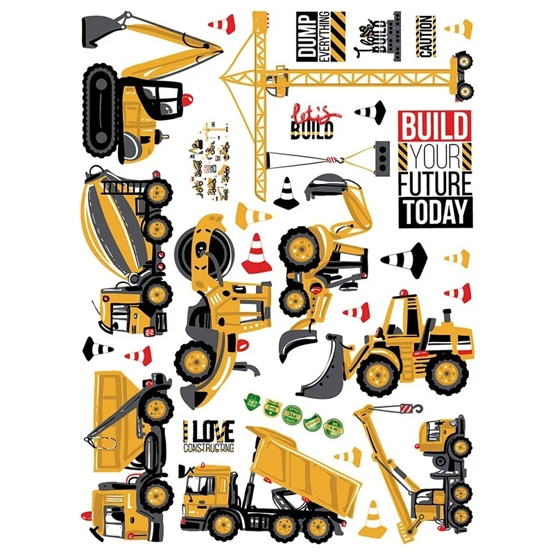 Cartoon Excavator Construction Wall Decals Baby Boy Nursery Kids Room Stickers