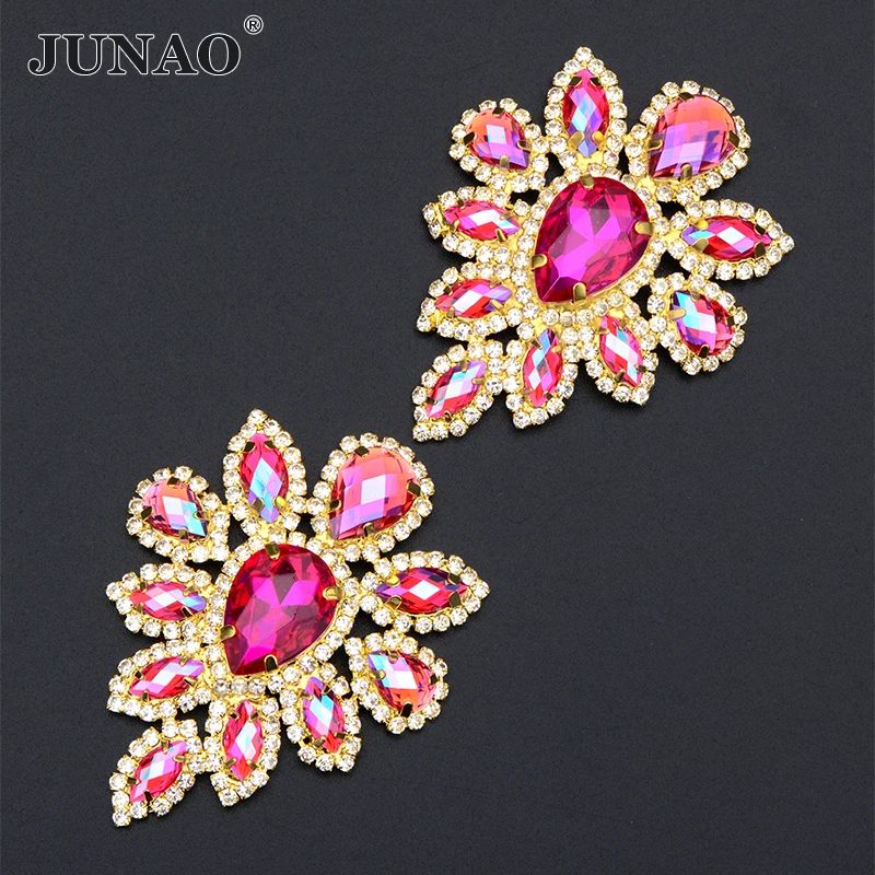 JUNAO 1Pc 45*59mm Sewing Purple AB Glass Rhinestones Flowers Gold Claw Strass Appliques Sew On Crystal Stones for Clothes Shoes