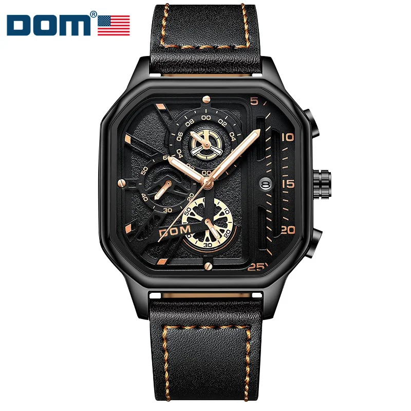 DOM-1715 Relógio de quartzo masculino com pulseira de couro, design criativo, data, relógios de pulso masculino, relógio com ponteiros luminosos, fashion