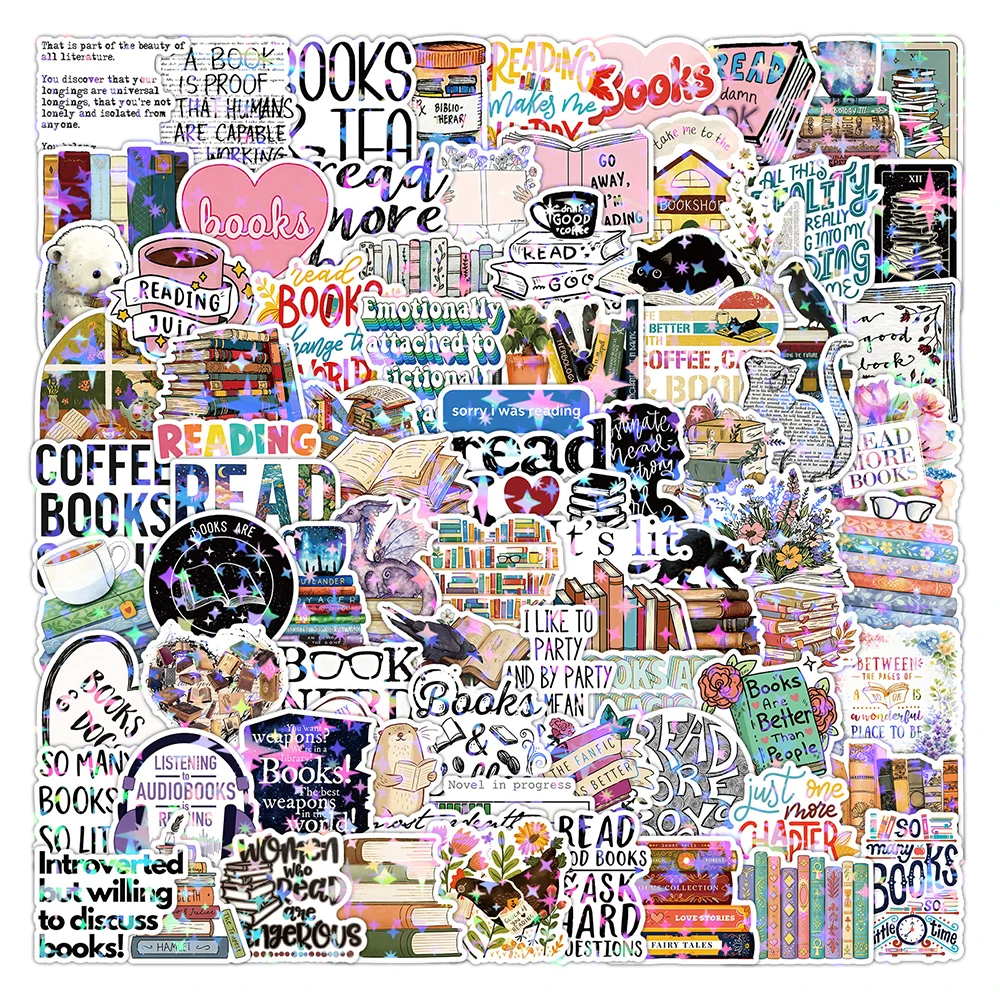 10/30/50/100pcs Holographic Laser Aesthetic Reading Stickers DIY Stationery Phone Case Guitar Cute Cartoon Graffiti Sticker Pack