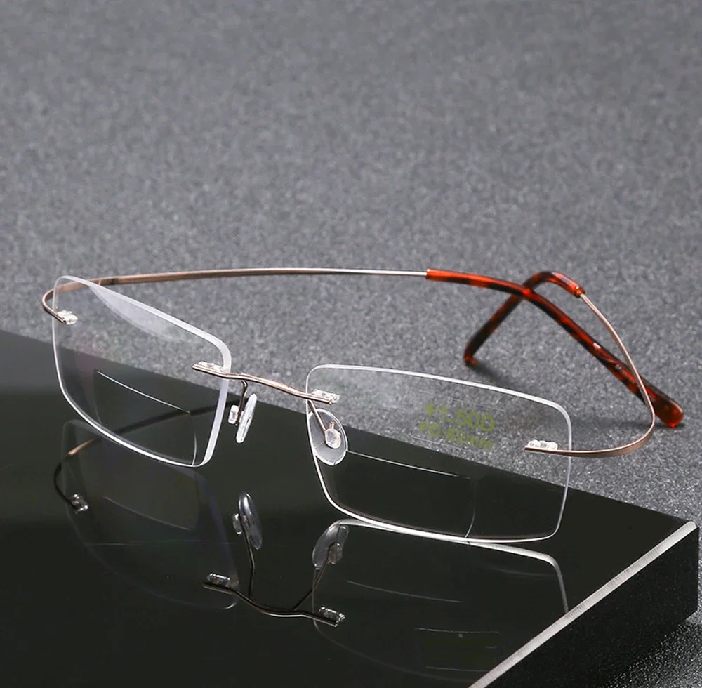 

Ultralight Titanium Alloy Rimless Bifocal Reading Glasses Women Men Rectangle Rimless Commercial Frame +0.75 +1 +1.25 +1.5 to +4