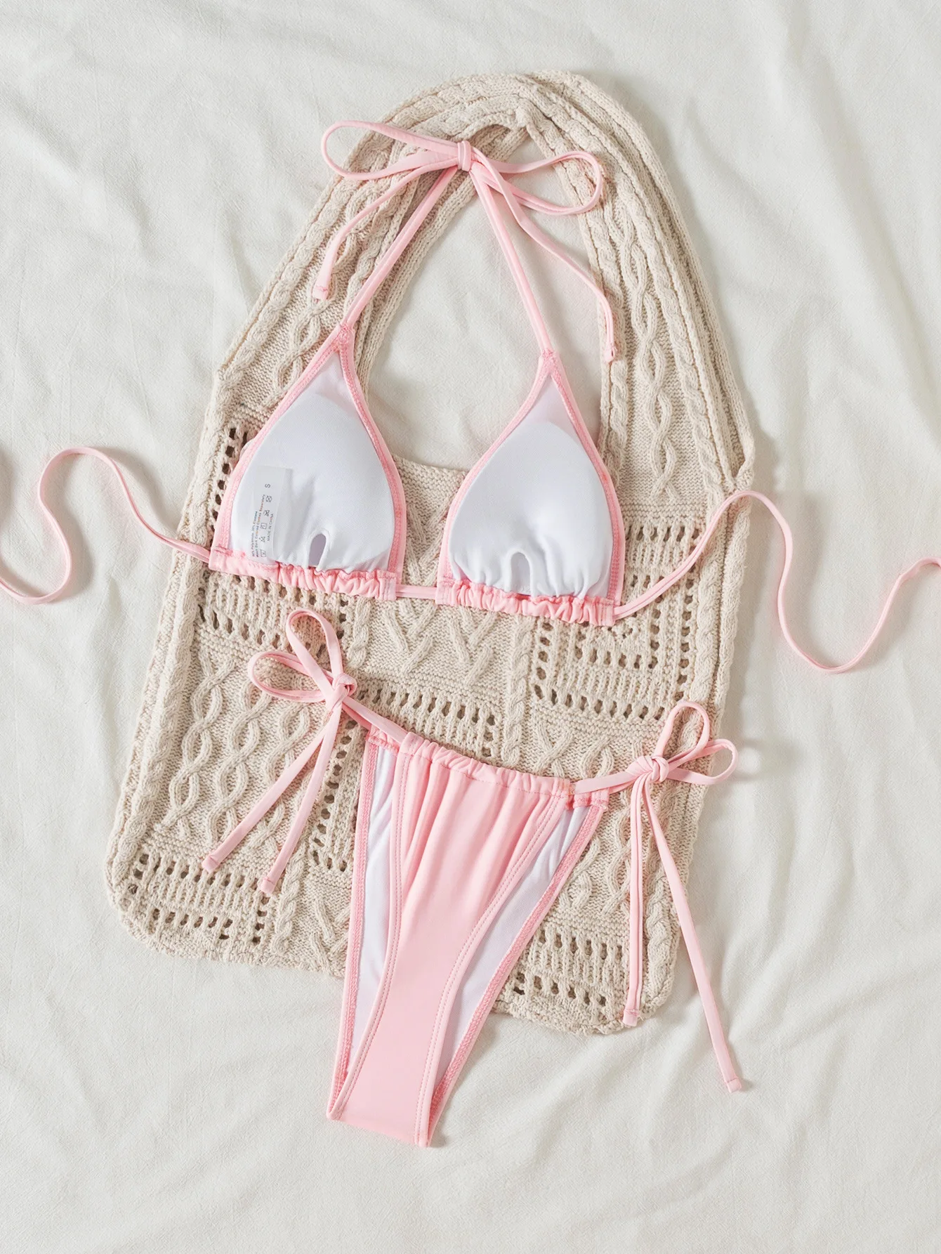 Seksowne bikini 3D z cekinami, różowe komplety dwuczęściowe, stroje kąpielowe wiązane na szyi, stringi, odzież plażowa, biquini conjunto de bikini tankini