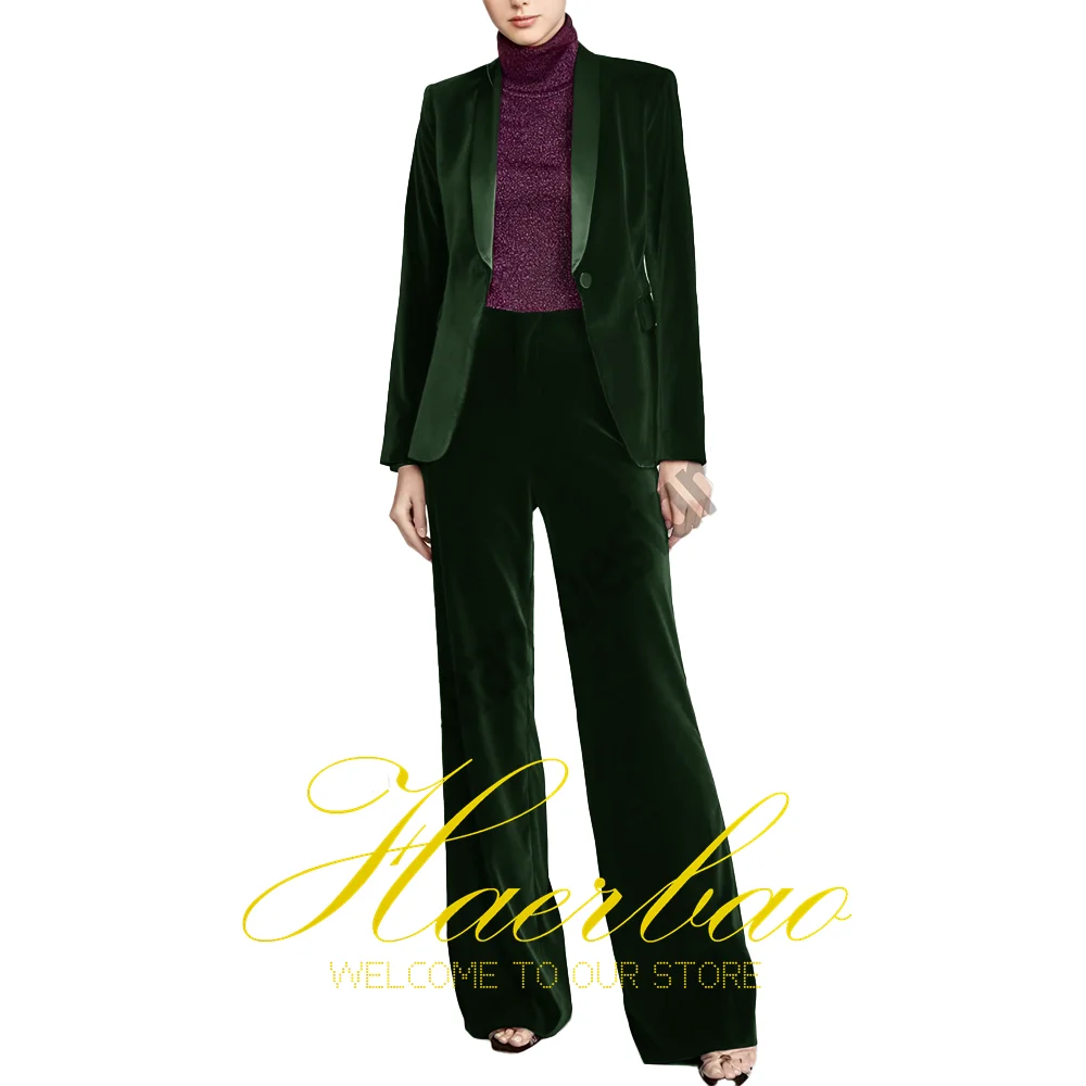 Women\'s Velvet Jacket and Pants Set, Formal Wedding Dress, Green Fruit Collar Jacket and Pants, 2-Piece Set