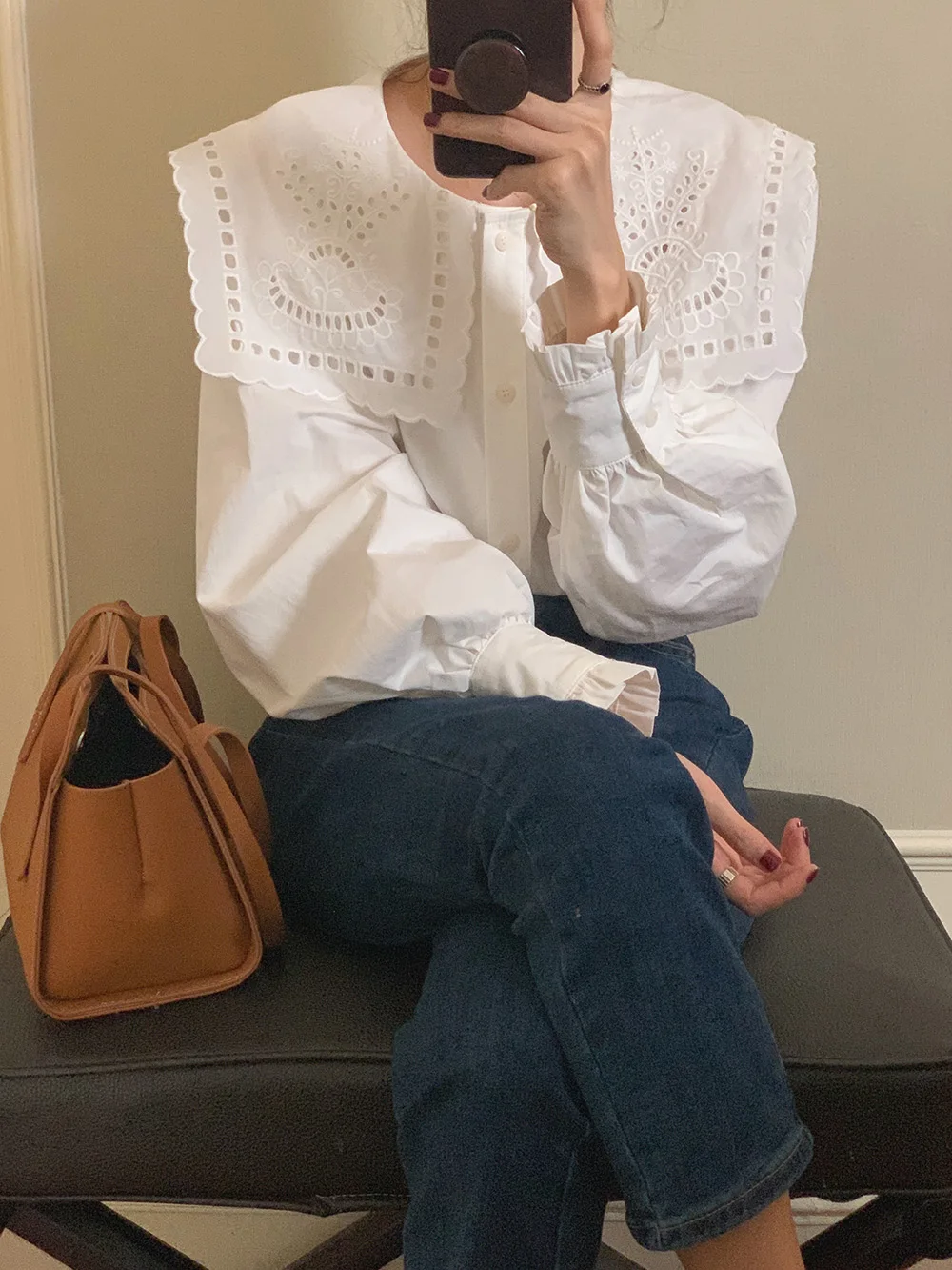 Neploe Sweet Turn-down Collar French Style Shirt Hollow Out Embroidery All-match Blouses Fresh Korea Chic Minority Loose Blusas