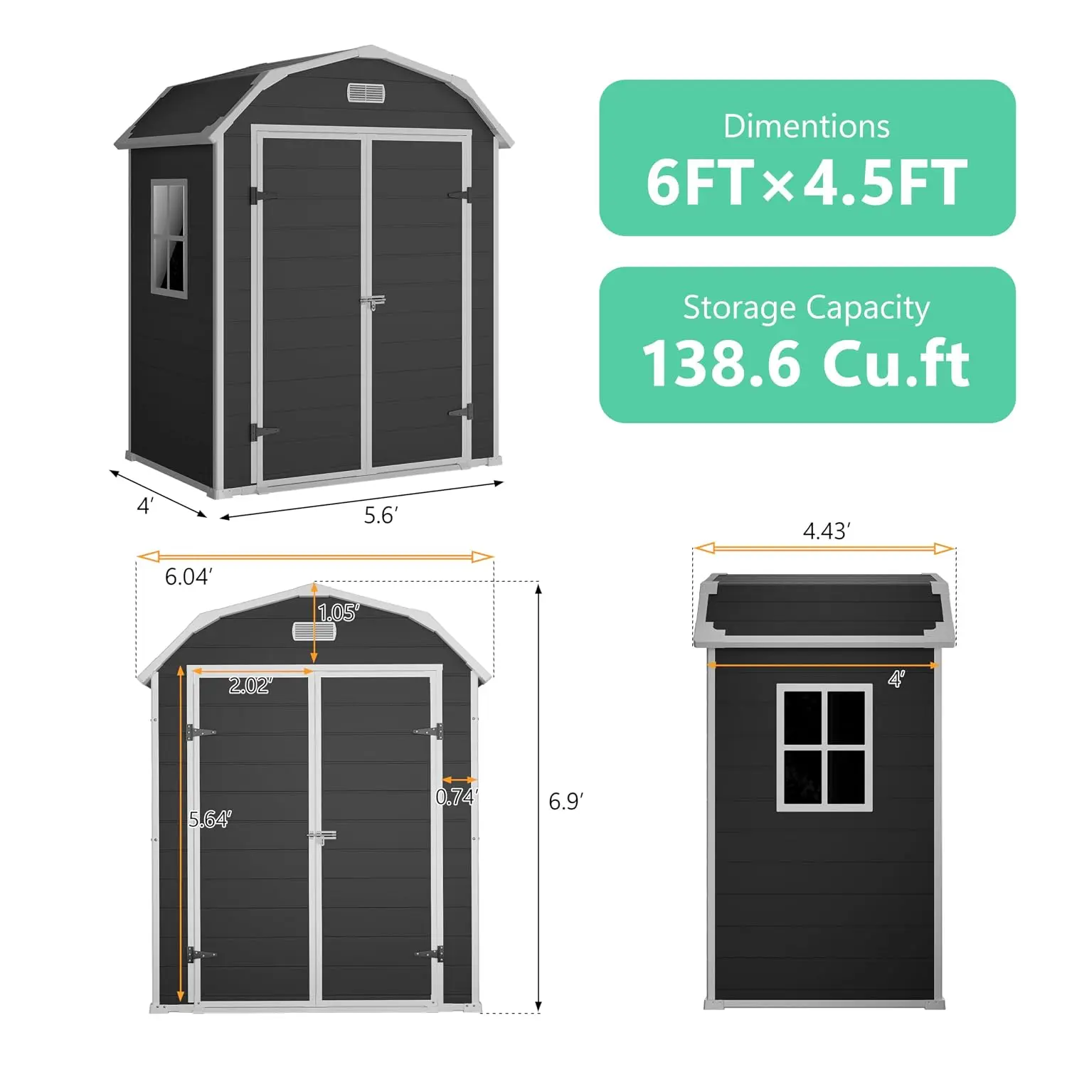 6x4.5ft Resin Storage Shed for Backyard, Durable All-Weather Outdoor Garden Building, Large Box Style, Black, Customized