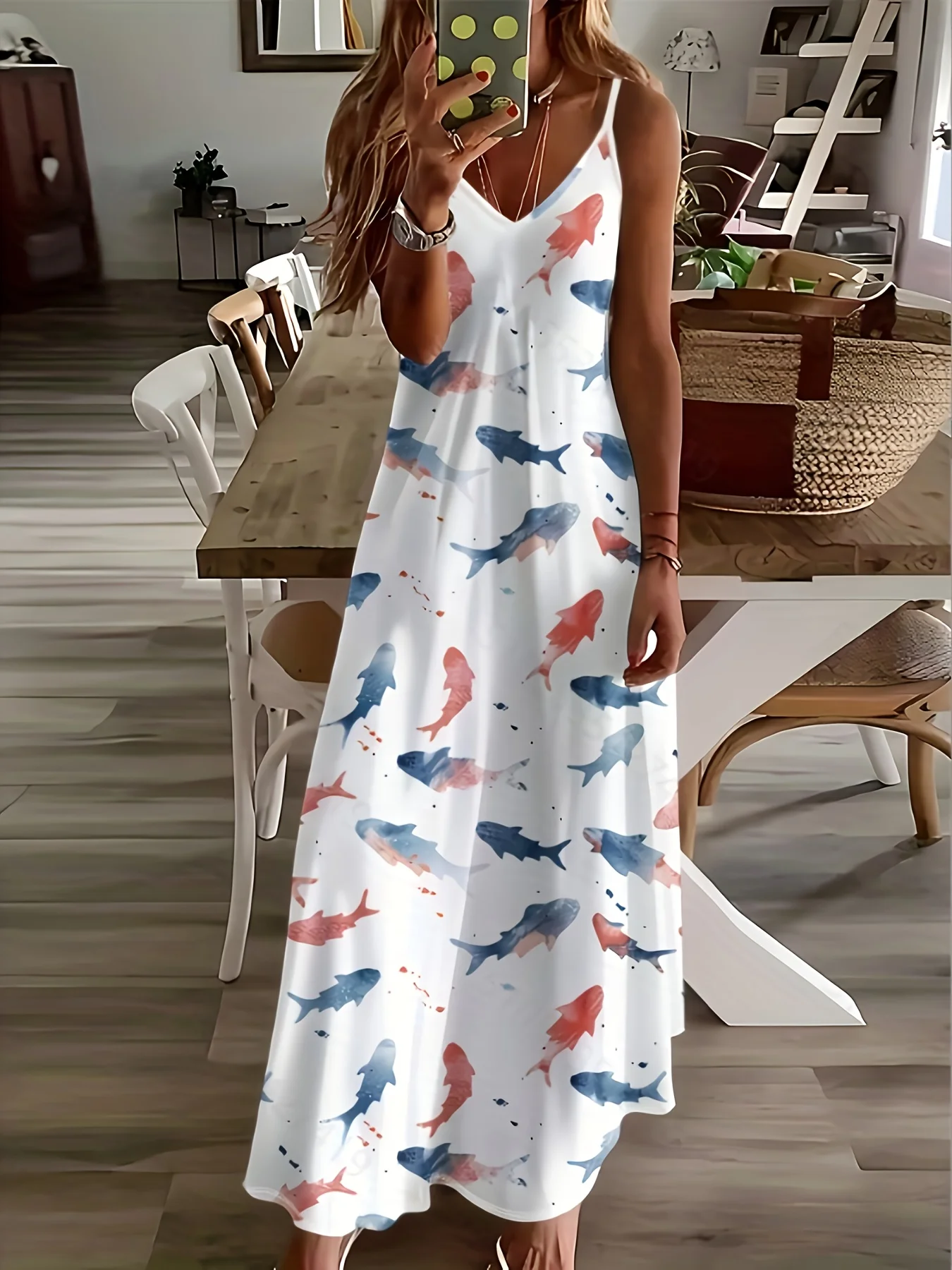 

Printed Design Four Seasons casual style Fish Print Pattern Dress White V-neck sling dress