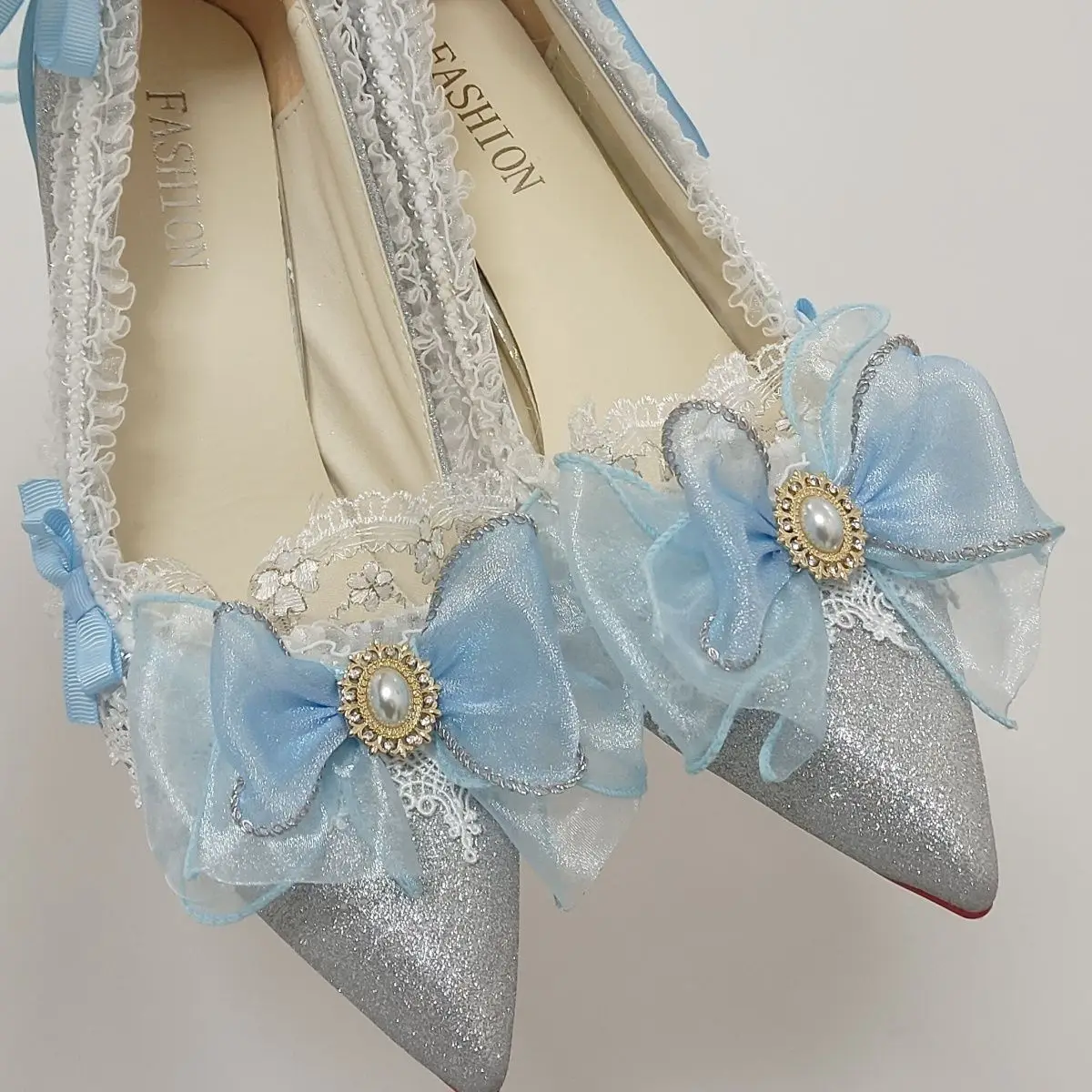 Lolita Hand-Made High Heels Pointed Stiletto Heel Blue Flower Wedding Shoes plus Size