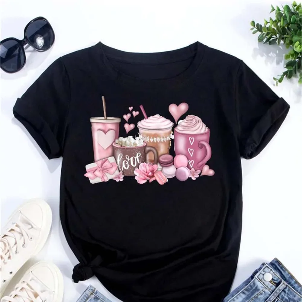 Plus Size Maycaur damska koszulka koszulka koreańska moda filiżanka kawy nadruk graficzny ubrania damskie walentynki topy kochanek T shirty