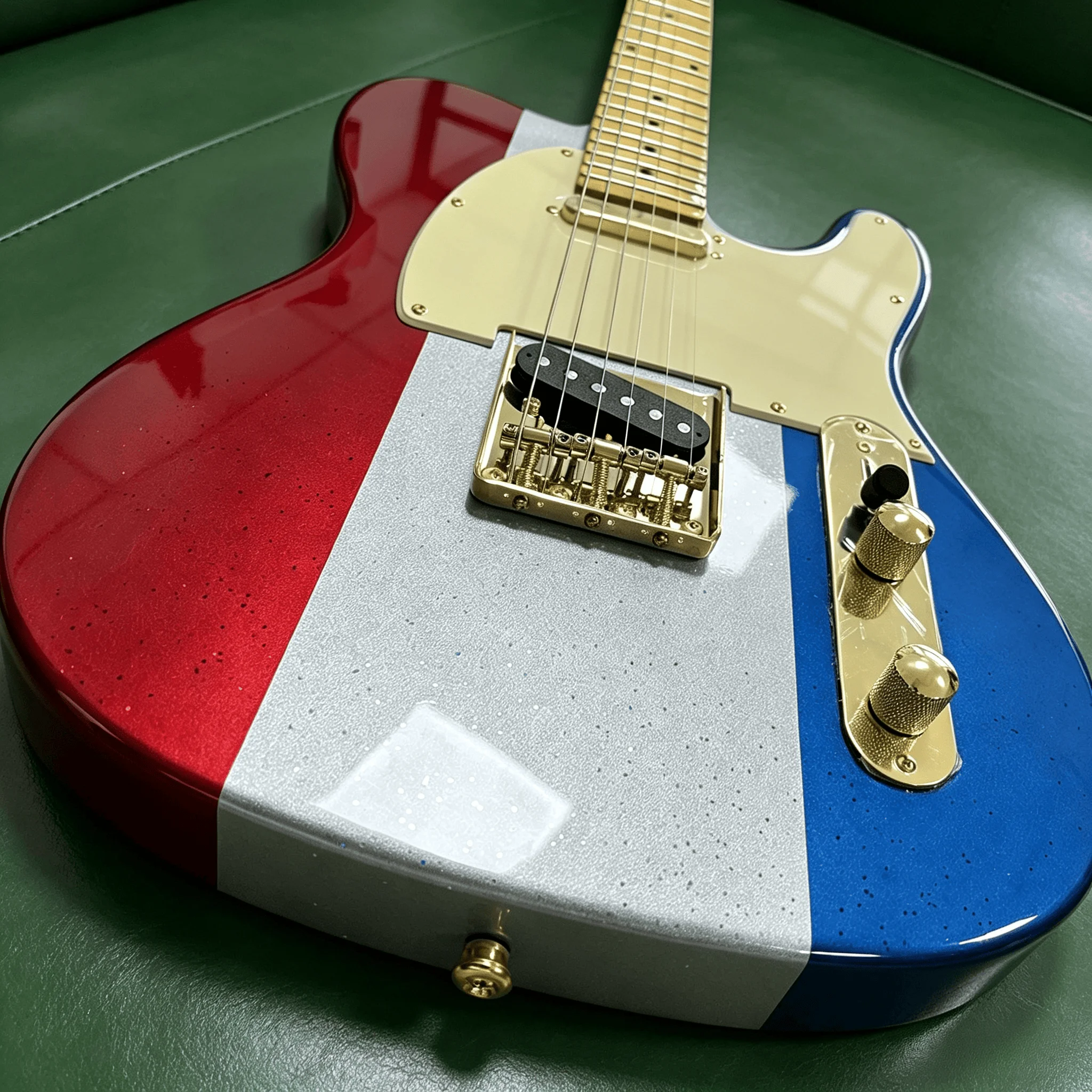 US Warehouse Red White Blue Sparkle Electric Guitar 3 Color Split Metallic Glitter Finish Gold Hardware Cream White Pickguard Single Coil Pickups Vintage Style In Stock Free Shipping view 2