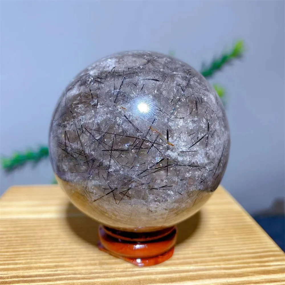 

Natural Quartz Crystal Black Hair Sphere Stone Ball Home Decoration Polished Reiki Minerals +Stand