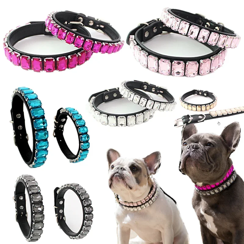 

Hot Sale Glass Crystal Diamond Dog Necklace PU Leather Adjustable Cat Collar Gemstone Pet Collars Dog Puppy Jewelry Accessories