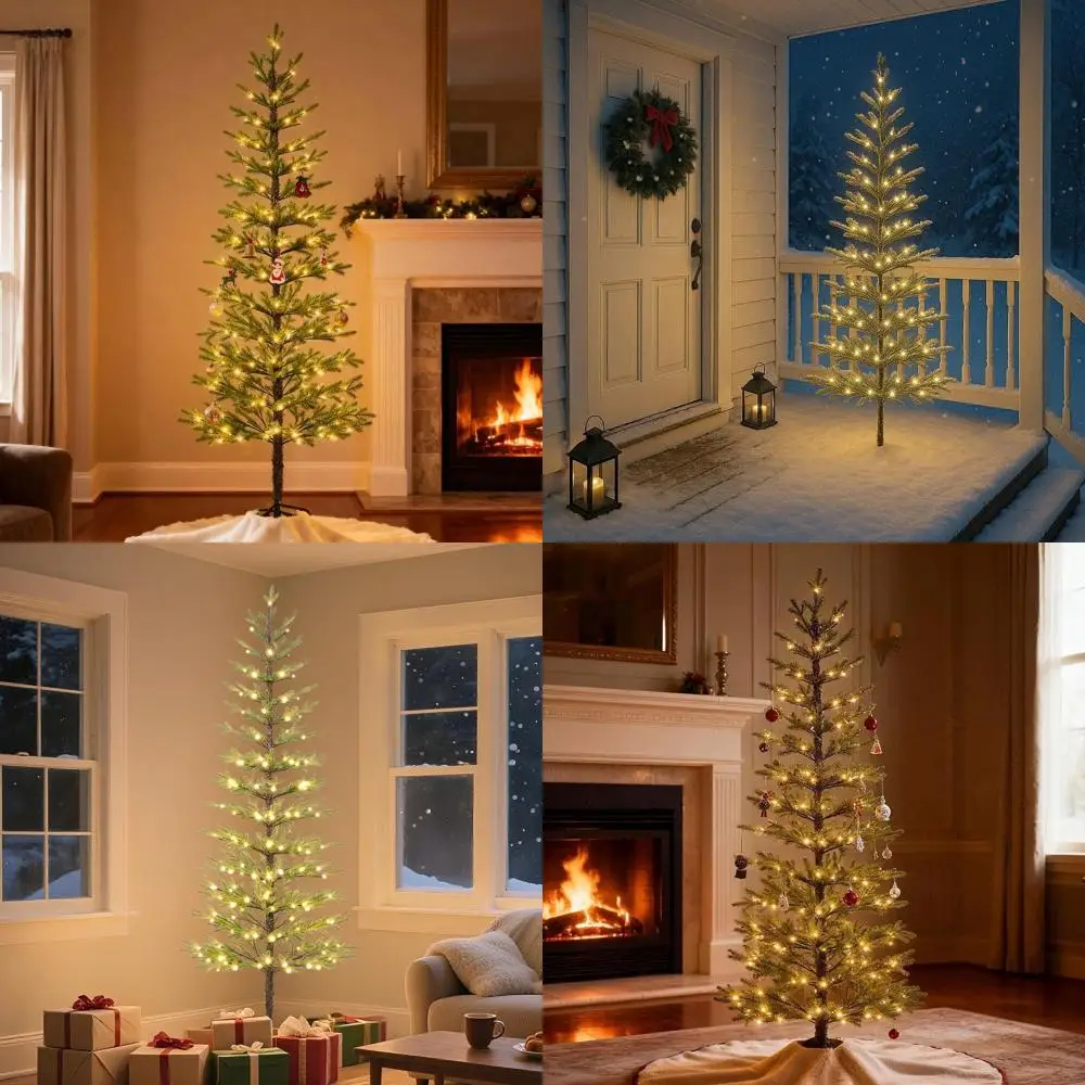 

Тонкая современная рождественская елка 7,5 футов со светодиодной подсветкой и 180 светодиодами, теплые белые огни, скандинавский стиль, домашний праздничный декор