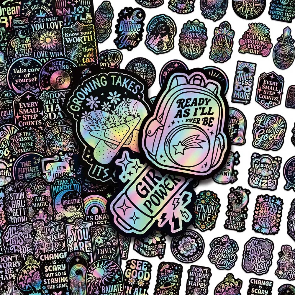 50/100pcs Neon Laser Encourage Stickers Inspirational Quote Decal For Laptop Journal Phone Scrapbook DIY Aesthetic Stickers Gift