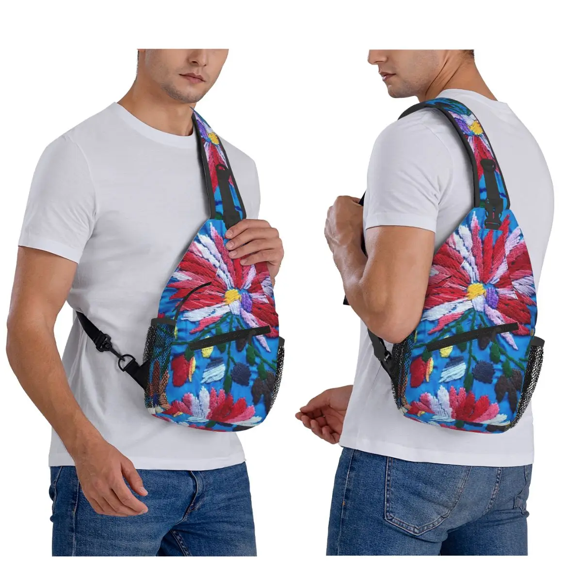 Mexican Flowers Chest Bag Men Sling Crossbody Backpack Chest Bag Traveling Hiking Daypack Shoulder Bag