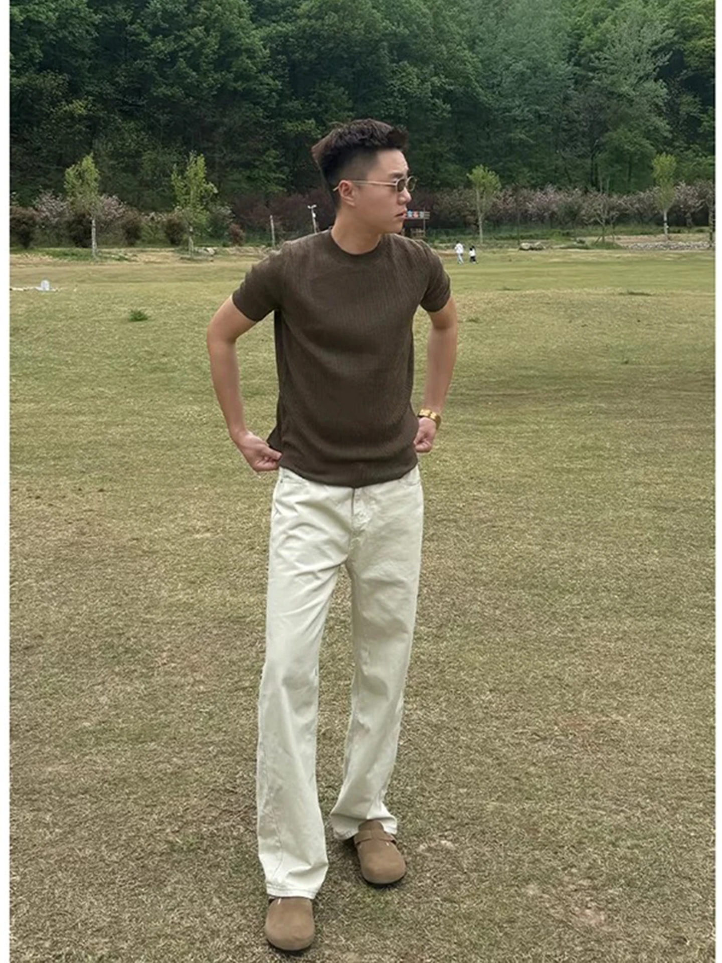 

Minimalist Preppy Men's Set Summer Knitted Short Sleeve Casual Fashion Loose Feel Commute Style Teenager Long Pants T-shirt