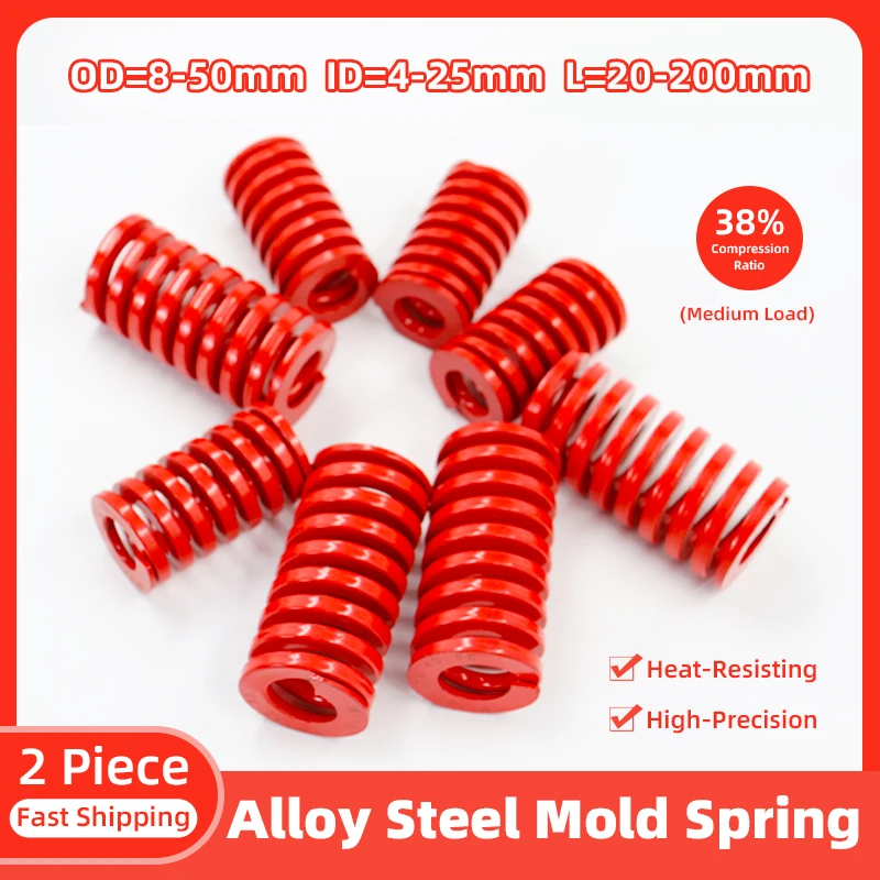 Creamily 2PCS Red Compression Spring Medium Load Die Mold Springs Outer Diameter=8-50mm Inner Diameter=8-25mm Length 20-100mm