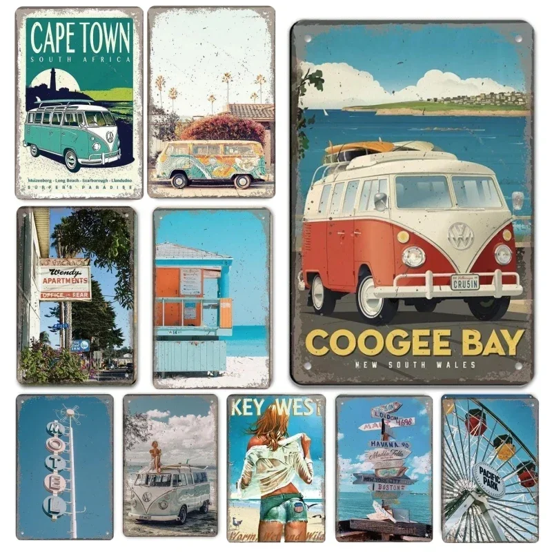 Plaque décorative vintage en métal, 18 panneaux, bus de plage, affiches de voyage d'été, décoration de bar, décor mural pour cha