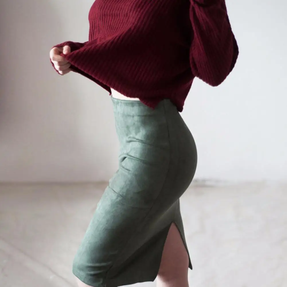 

Hip Wrapped Pencil Skirt Women Hip Coverage Skirt High Waist Women's Pencil Skirt Stylish Suede Back Slit Knee-length Design