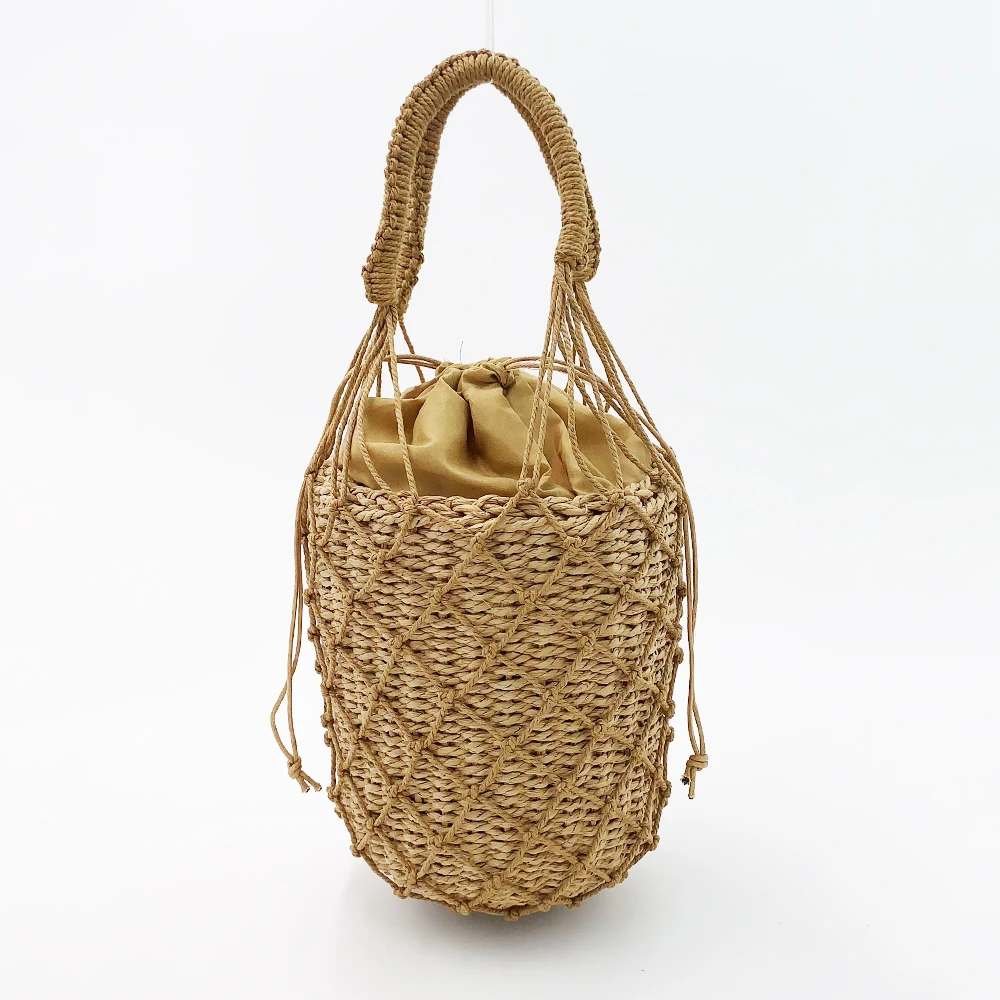 2 Pcs Woven Women Handbag Female Straw Mesh Bag Bohemian Summer Beach Bags Handmade Bucket Net Bag Rattan Knitte Top-handle Tote