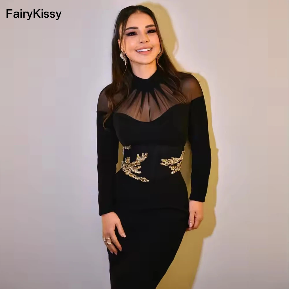 

FairyKissy Черная Русалка с длинными рукавами Пром платья с круглым вырезом Плиссированные вечерние платья длиной до пола с бисером Вечерние платья