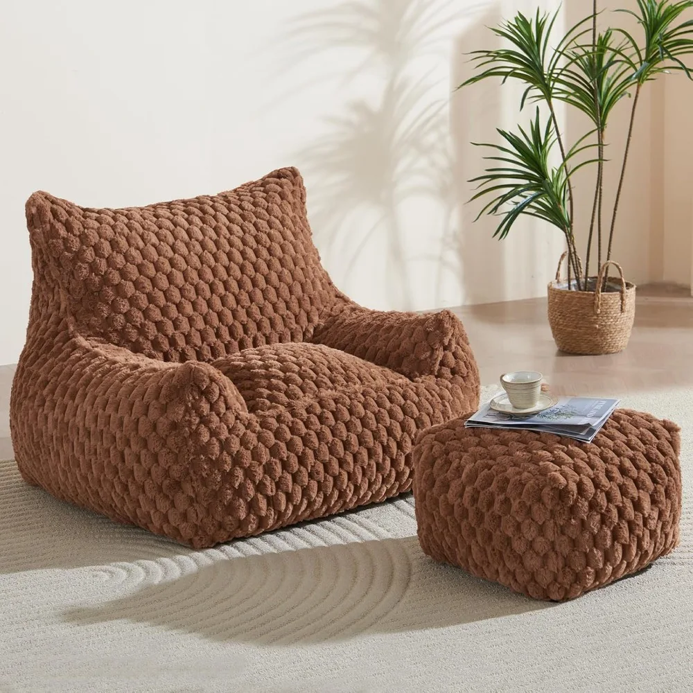 Bean Bag Chair with Ottoman - Modern Comfy Beanbag Sofa with Footrest, Soft Faux Fur Lounger Chair for Adults Teens, Cozy Memory