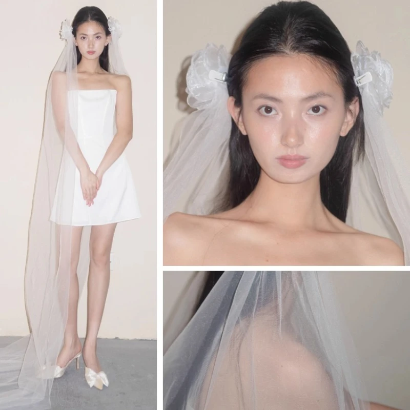 Bridal Korean head lace clip trailing veil new high-end wedding follow-up accessories