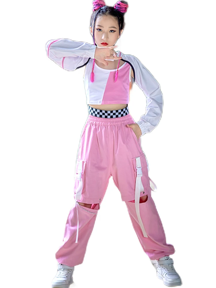 Ropa de moda para niños, Tops para niñas, pantalones rosas, traje de baile de Hip Hop, traje Kpop, ropa de concierto, Festival, ropa de calle Rave