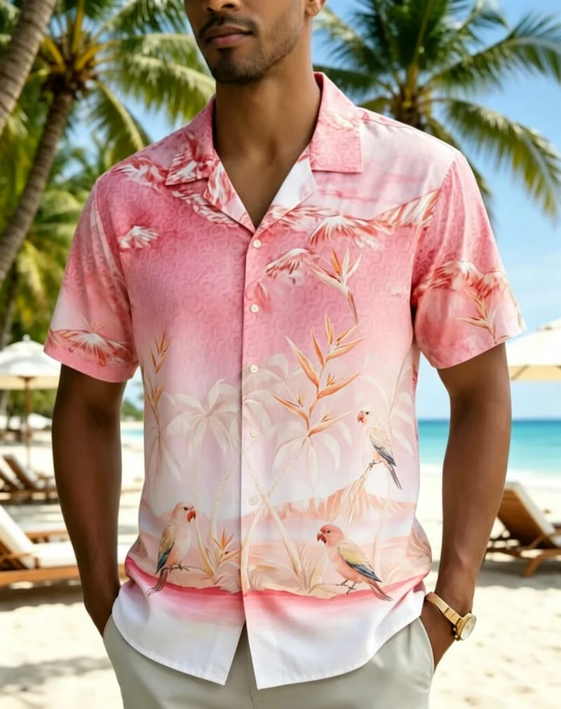 Men's watercolor gradient tropical landscape printed Hawaiian shirt, for summer vacations, daily outfits, and music events