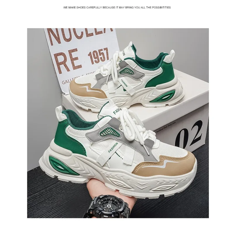 Korean Ins White Khaki Color Block Mesh Dad Shoes 2026 Summer Trendy Breathable Height Boost Male Student Streetwear Footwear