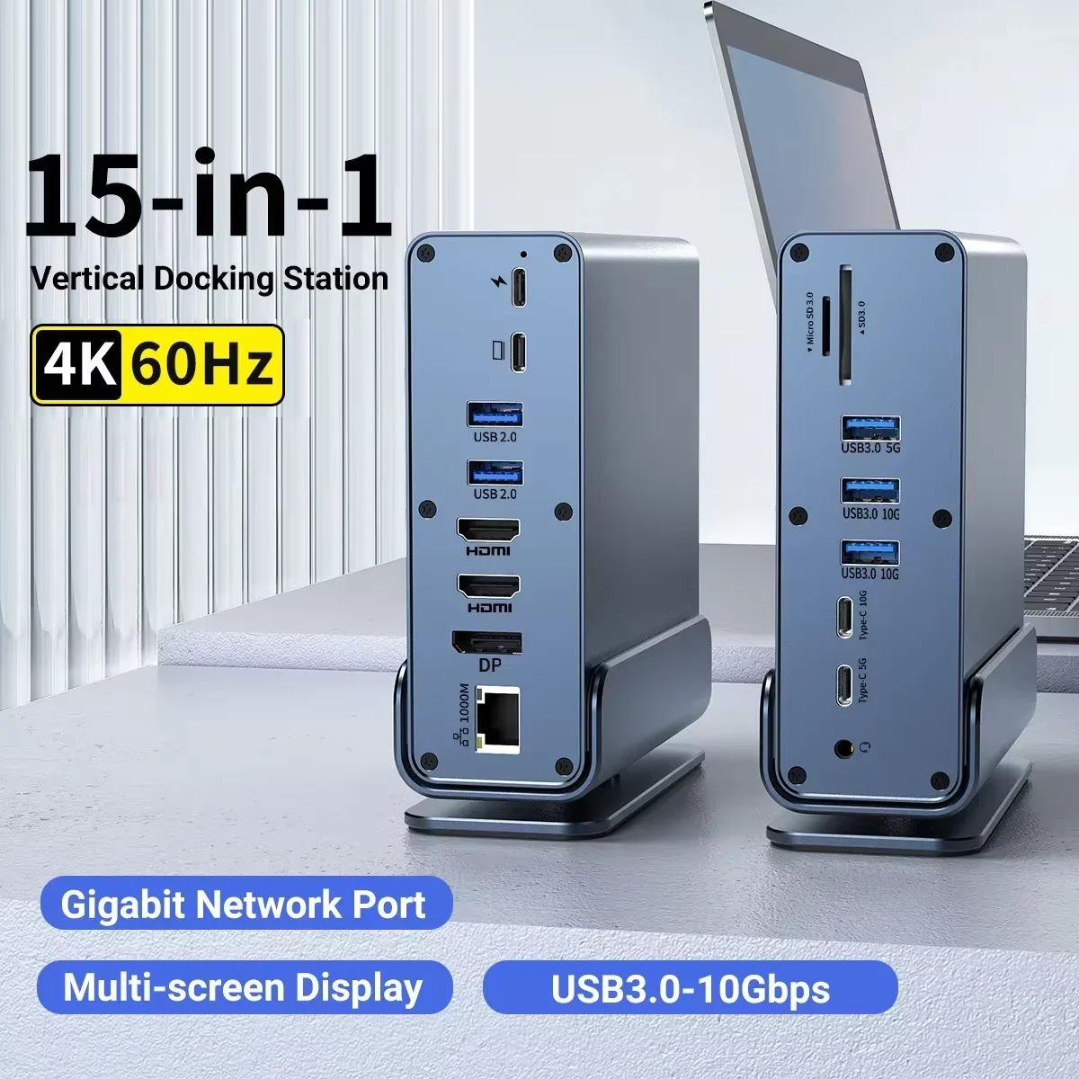 KEBIDUMEI 15 in 1 USB-C Docking Station 4K@60Hz HDMI Hub USB A RJ45 SD TF Audio 3.5mm Port Adapter for  Laptop PC