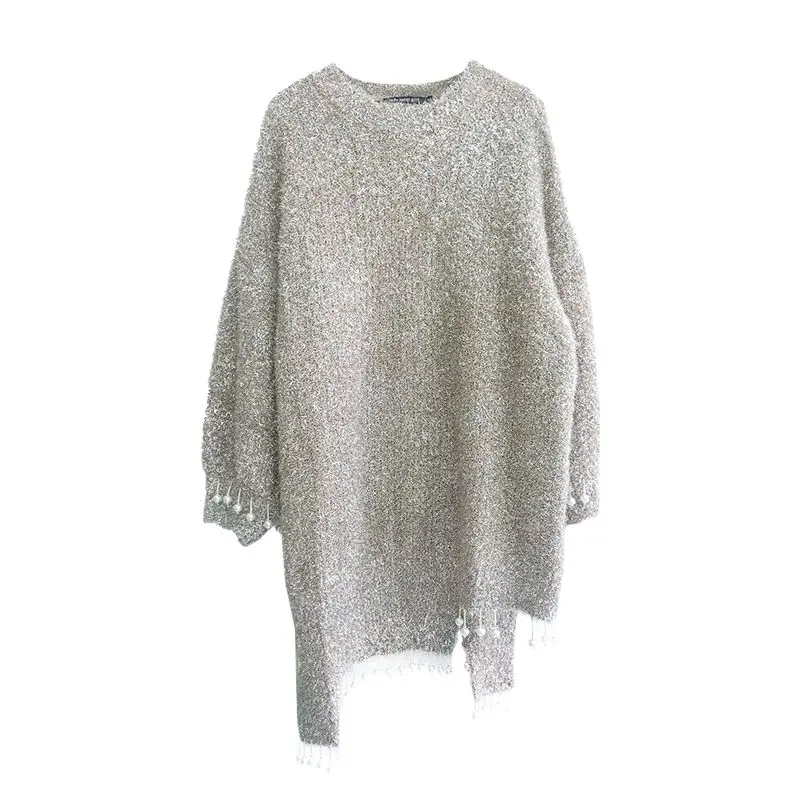 Beaded Sweater for Women 2023 Spring Autumn Loose Long New Korean Style All-Matching Shiny Grey Sweaters Pullovers Femme